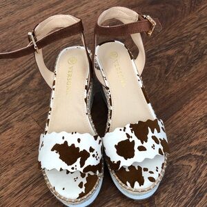 Versona Cow Print Sandals with Brown Accents